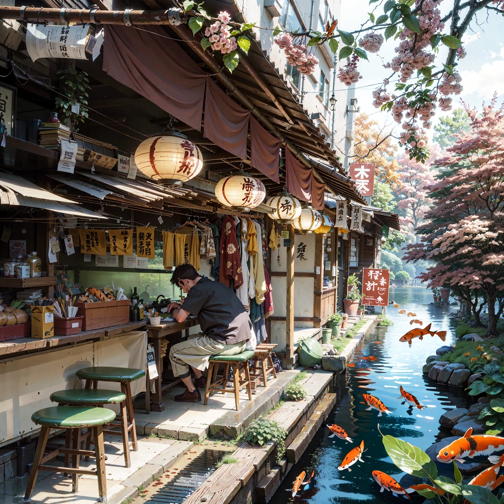 a peaceful stream of water,orange koi fish swimming gracefully,lush green plants surrounding the stream,sunlight filtering through the leaves,a winding path along the riverbank,highly detailed,photorealistic,muted color palette,natural lighting,serene landscape,intricate details,stunning realism,masterpiece