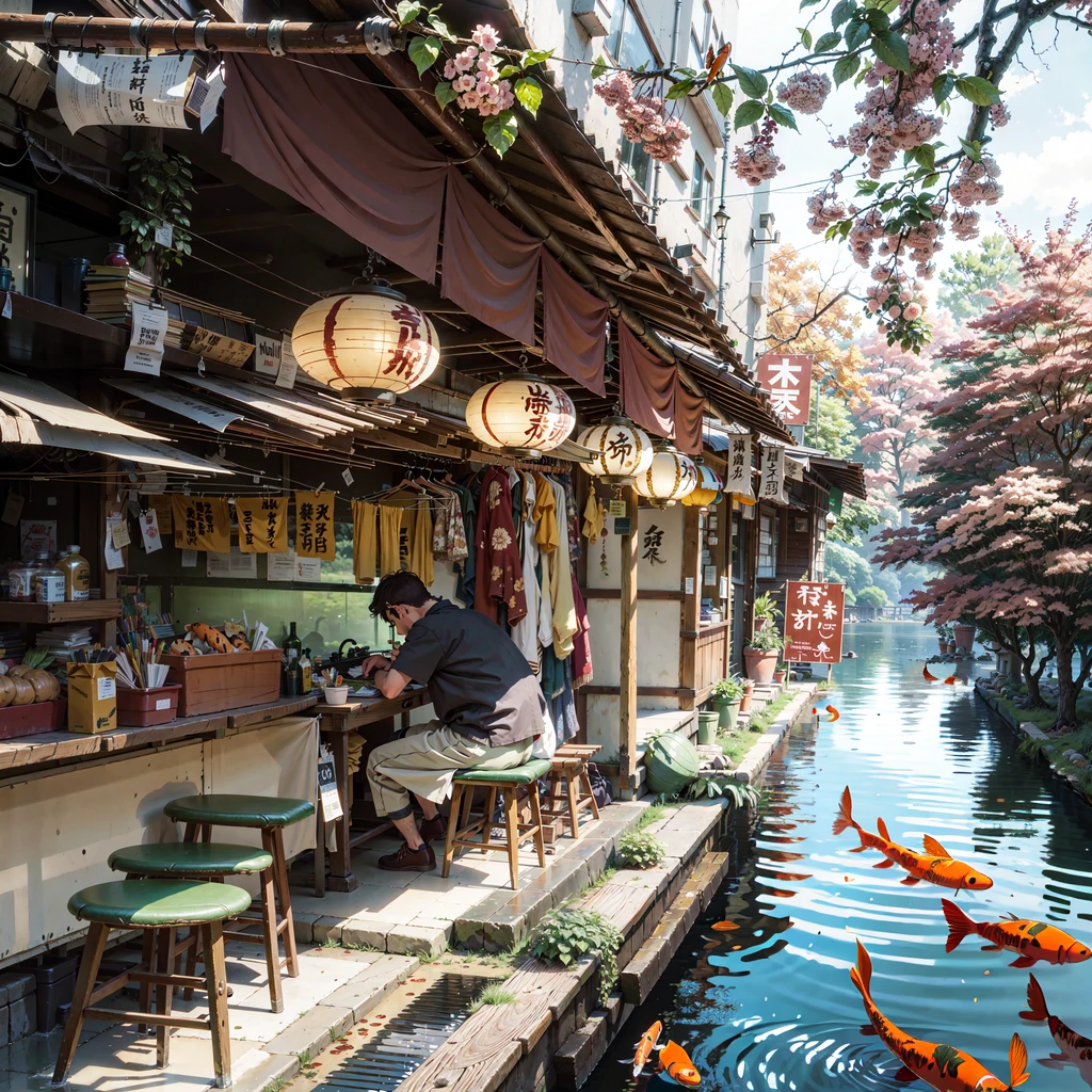 a peaceful stream of water,orange koi fish swimming gracefully,lush green plants surrounding the stream,sunlight filtering through the leaves,a winding path along the riverbank,highly detailed,photorealistic,muted color palette,natural lighting,serene landscape,intricate details,stunning realism,masterpiece
