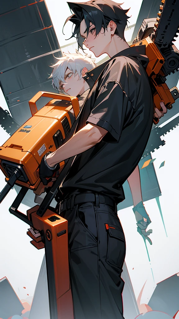 Create a 19 year old boy who is with a chainsaw and with the other hand is giving the middle finger