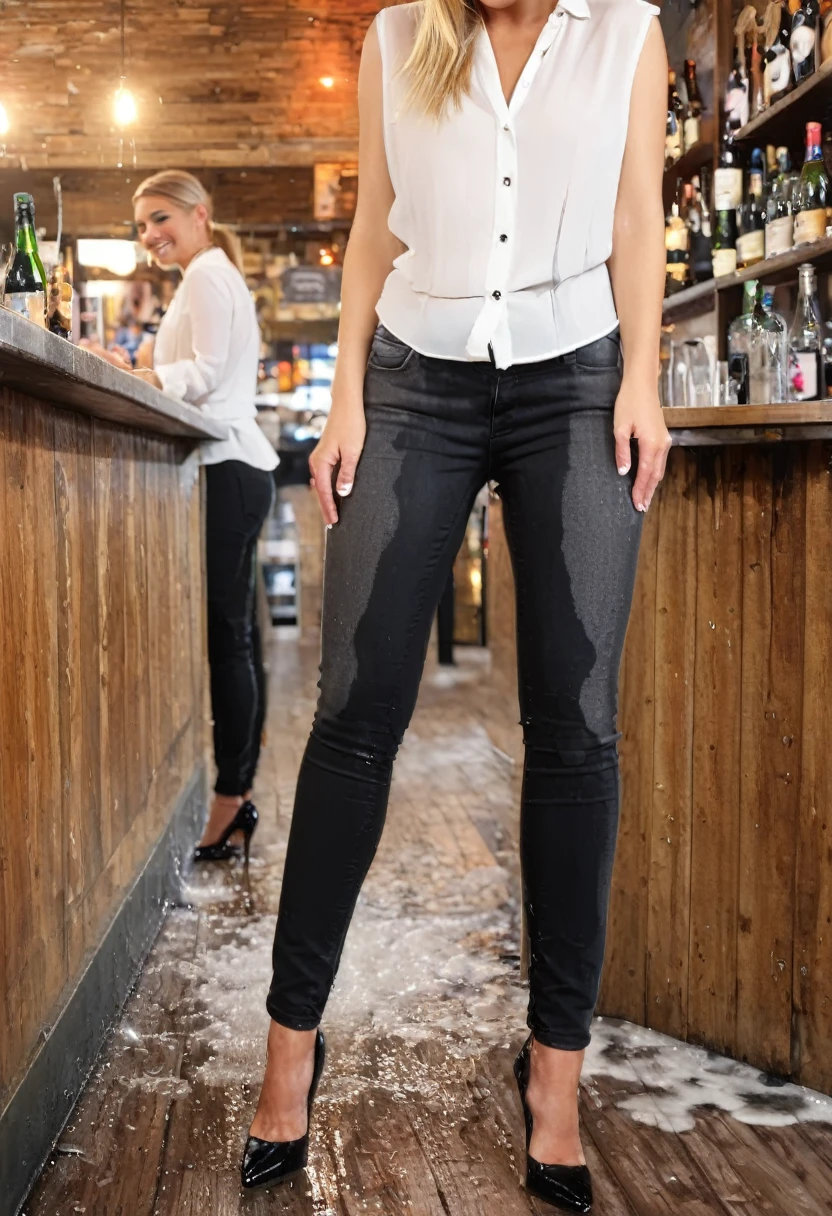 attractive blonde woman wearing black skinny jeans, high heel pumps, white blouse, standing in a crowded bar,  wetting, big smile, pee stains are gleaming wet, (((side view)))