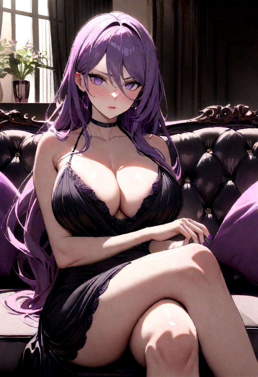 1 woman, mature, , beautiful, tall, attractive, , ((Long hair))((pink and purple hair)), ((violet eyes))((purple nails)), ((Woman wear black dress, black choker)), ((living room, sitting on sofa)), looking at viewer, angry, crossing legs, 8k, masterpiece, ray tracing