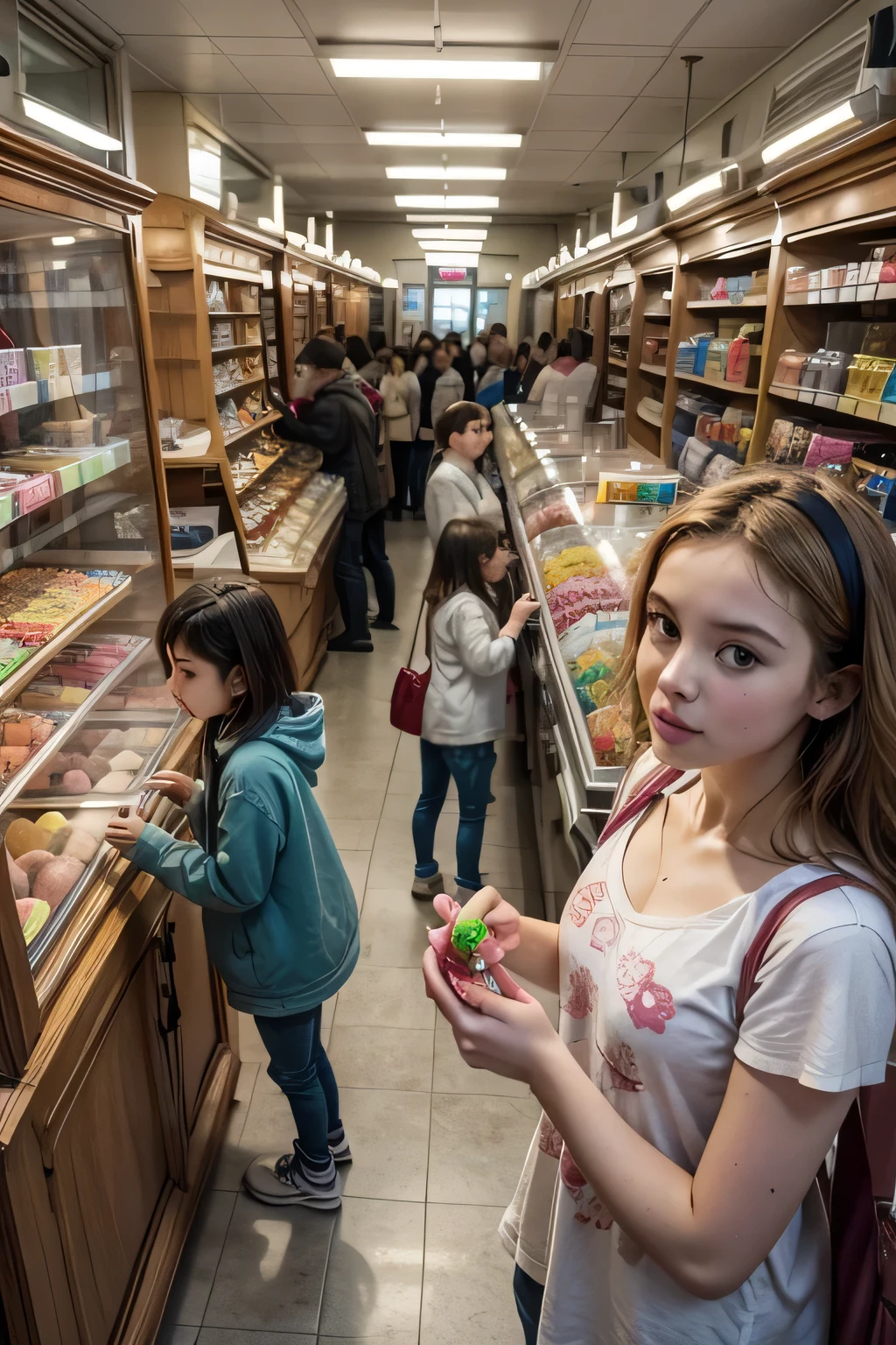 Make a picture of a candy store full of people