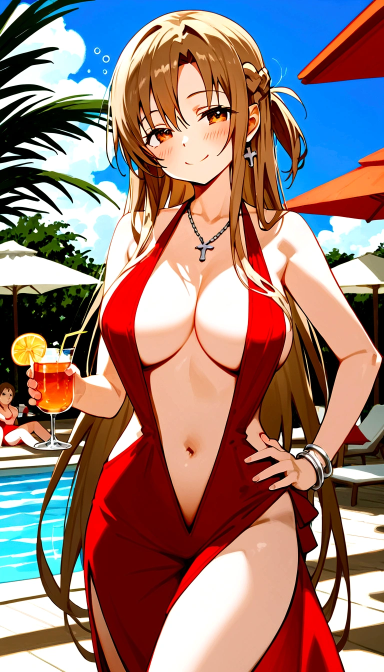 score_9,score_8_up,score_7_up,18 year old,1girl,asuna \(sao-alo\), sword art online,yuuki asuna,nsfw,brown eyes, brown hair, long hair, bangs, braid,standing,leg lift,hand on hip, holding cup,drunk-seductive-smile,blush,large breasts,brown hair,parted hair,long hair,red dress ,plunging neckline,center opening,cleavage,navel,earrings,bracelet,pool-party ,multiple-people,Surrounded by 10 strong men,