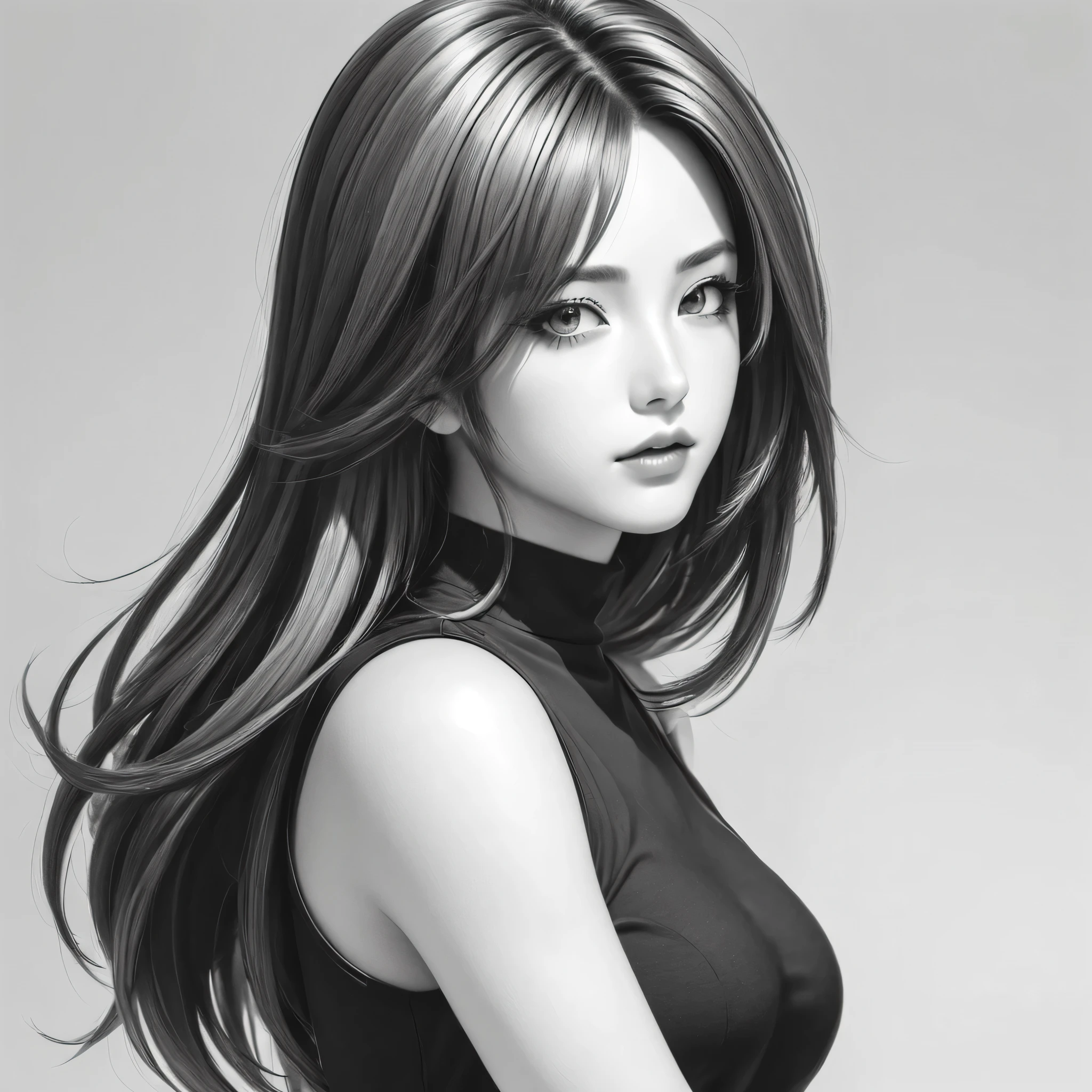 a drawing of a woman with long hair and a black top, black and white manga style, extremely detailed artgerm, Android 21 , style artgerm, detailed anime character art, detailed manga style, saiyan girl, clean detailed anime style, anime style illustration, in the style artgerm, striking manga artstyle