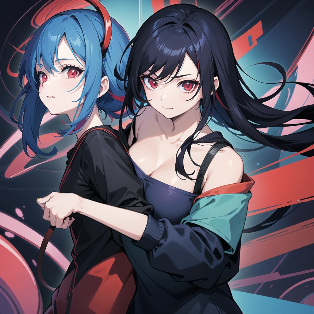 anime style , woman 30 years old , with 4 blue and red capsules in the palm of her hand, behind her several blue and red capsules floating, slight smile, red eyes, very pale skin, black hair, black t-shirt with a print of a psychedelic demon cat, image in pastel colors, background with neon style cyberpunk image