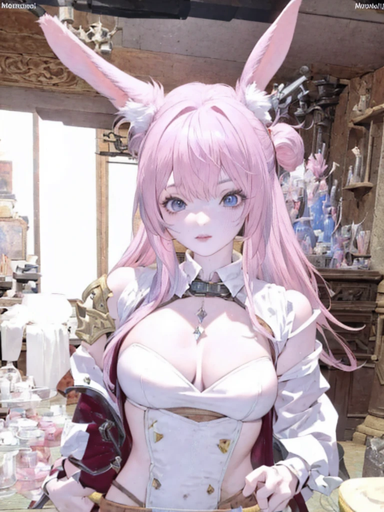 There is a woman with pink hair and  ears standing in a room, final fantasy style 14, final fantasy 14 sharp, neferpitou, Final Fantasy XIV, Final Fantasy 1 4 screenshot, She is in the potions workshop, wearing cyber  ears, ffxiv, close-up portrait of an artificer, Final Fantasy 1 4, tiflin hermosa con su traje de caballera negra sosteniendo una espada en un lobby del juego y pose de guerrera