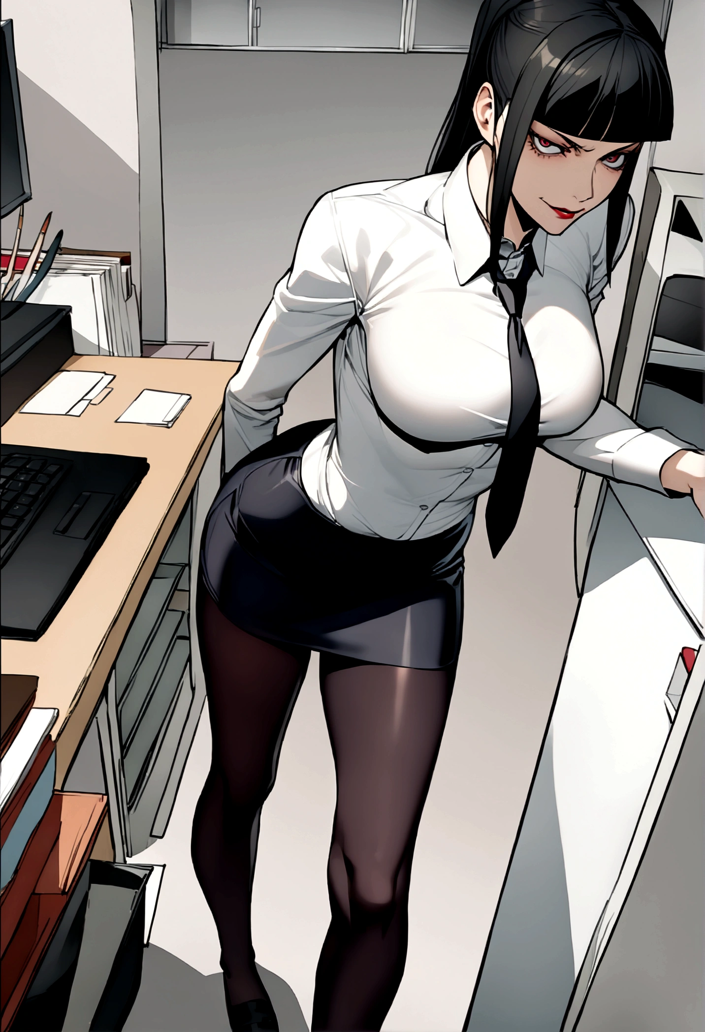 juri han, work of art, tight white secretary shirt with black tie, black high waist skirt, short skirt,stocking, black hair, black tights,evil smile,office,franja nos olhos,iluminação,chifre de cabelos,visão de cima,olhando para cima
