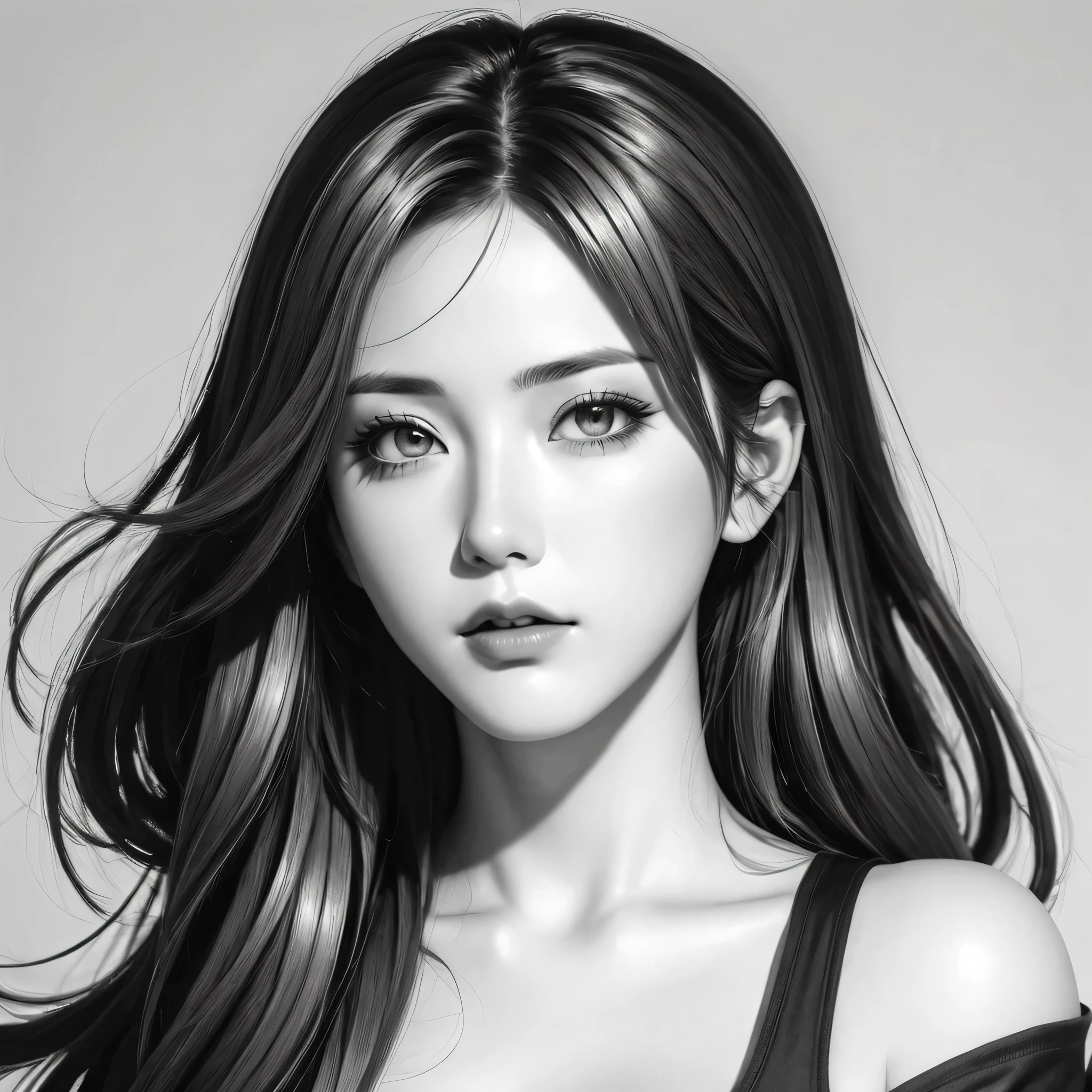 a drawing of a woman with long hair and a black top, black and white manga style, extremely detailed artgerm, Android 21 , style artgerm, detailed anime character art, detailed manga style, saiyan girl, clean detailed anime style, anime style illustration, in the style artgerm, striking manga artstyle