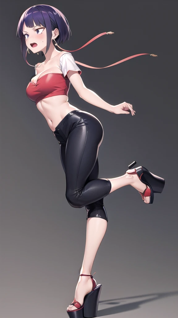 kyoka jiro, 1girl, solo, large breasts, cleavage, blush, short hair, bangs, simple forest background, strapless mini croptop, black tight pants, ((open-toe platform high heels)), open mouth, purple eyes, collarbone, full body, purple hair, short sleeves, blunt bangs, looking away, long earlobes, tiny waist, thick hips, angry expression