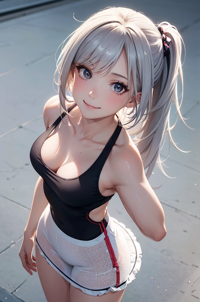 (Best Quality,High resolution,8K,finelity detailed background,Masterpiece:1.2),beautiful girl,Glossy romance gray hair,pony tail,Gray eyes,Gentle look,A refreshing look,Best quality,Best Quality,Aesthetic and aesthetic:1.2,Best details((Super detailed))(High-definition CG illustrations),Training wear,Slender body,garden,smile,blush,cute,Scrounge,Looking up,Being spoiled,smile,super model,shoot from above