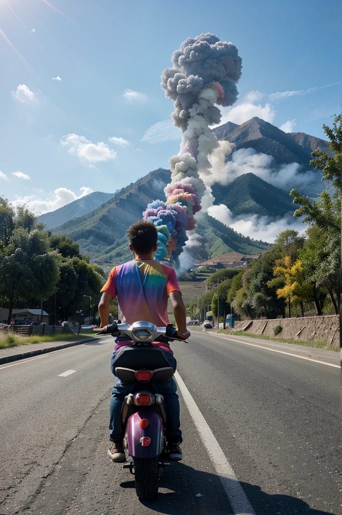 arafed man riding a scooter clasic on a road with a colorful smoke trail, with beautiful colors, realistic colorful photography, colored photography, by Rudy Siswanto, photo manipulation, saturated colorized, colorful photo, selective color effect, colourfull, colorful, colored, super colorful, colorful mood, amazing color photograph, inspired by Rudy Siswanto, hyper realistic color photo