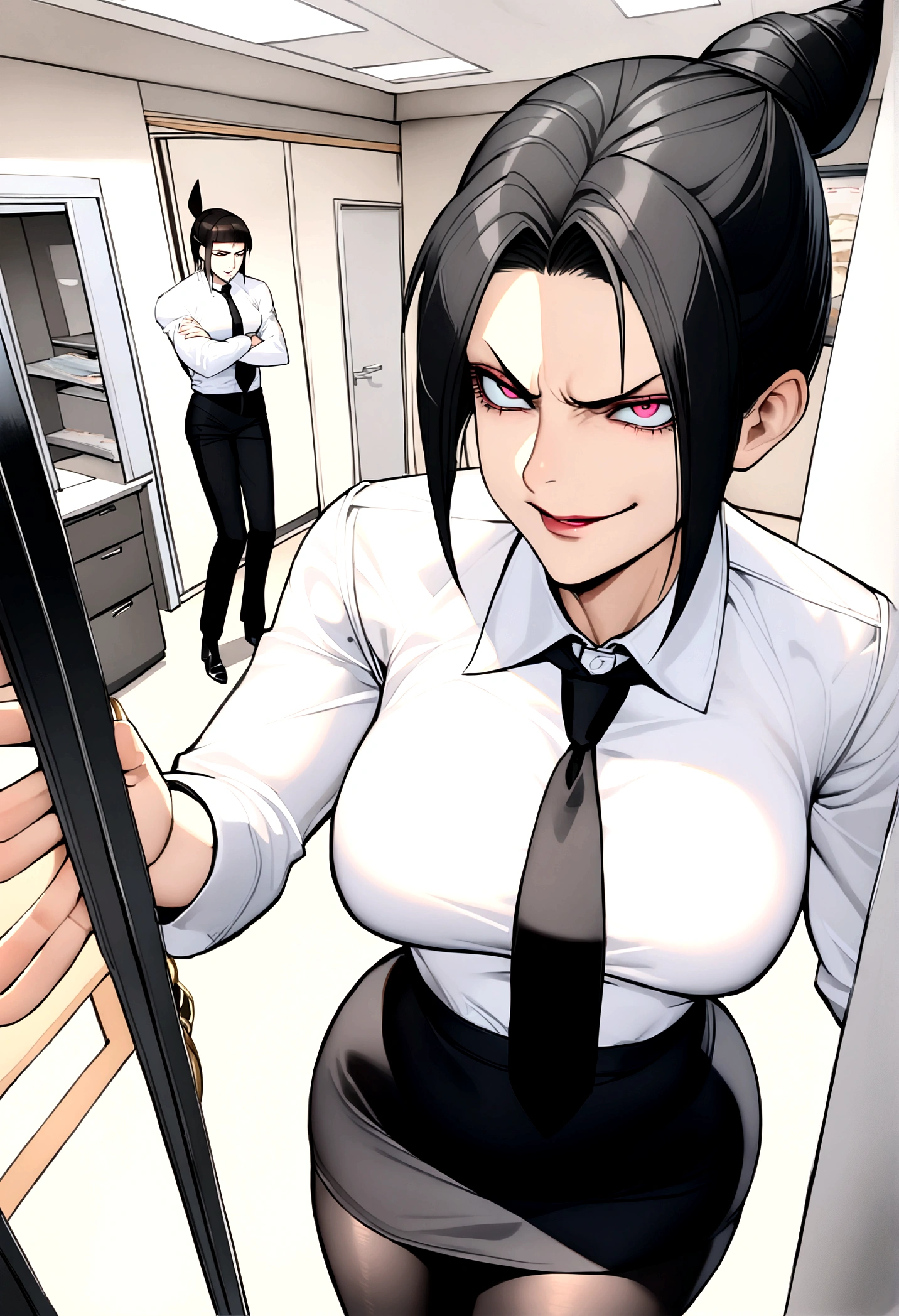 Big Breasts,beauty,Purple glasses,Black Hair,Side Ponytail,Zombies are attacking,Gritting your teeth,Torn white dress,Holding a gun