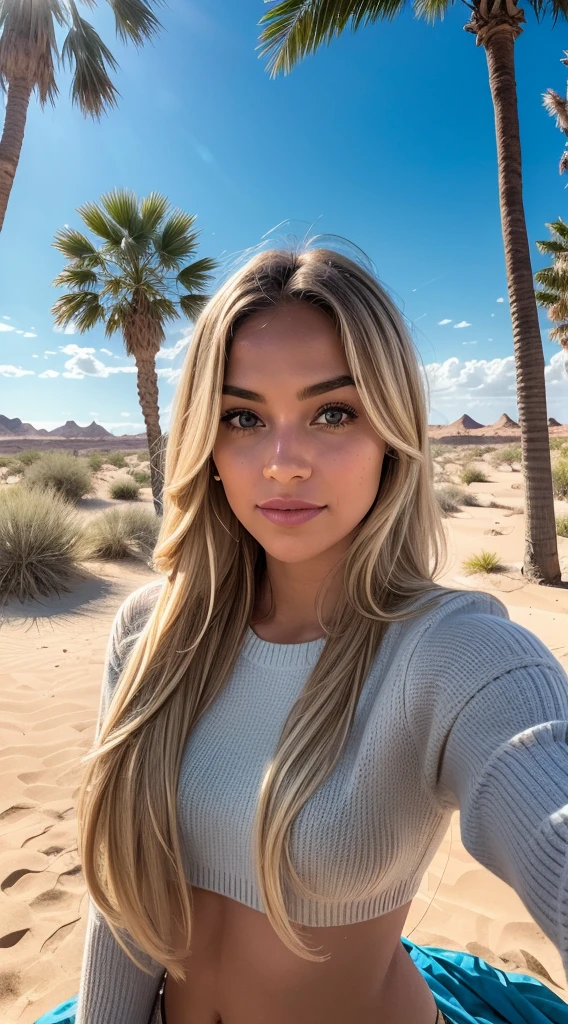 1 Frau, American, Nice, (Selfie, Happy), Filming in a desert oasis tent, Backlight at the golden hour, Tent Open Sign, ​masterpiece, best quality, Ultra-detail, alone, Forecourt, Desert, Oasenkulisse, Natur, cheerful, Happy, Cozy in the sleeping bag, In the tent, When you open the tent, View of the lush oasis in the middle of the sand dunes, maybe camels in the distance, palm trees, clear water, sand dunes, warm desert breeze, cute, contrast, blue sky, analog style, look up at the viewer, Skin texture, film grain, warm hue, warmer Ton, close up shot, cinematic light, sidelighting, ultra-highres, Best Shadows, wear a sweater, Relaxed and intimate photos, with long blond hair.