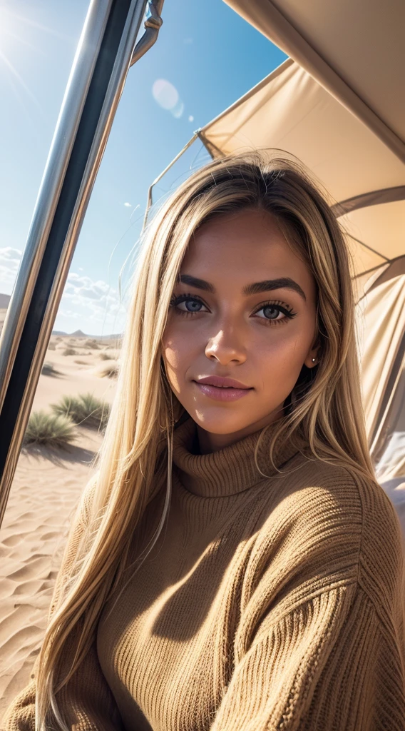 1 Frau, American, Nice, (Selfie, Happy), Filming in a desert oasis tent, Backlight at the golden hour, Tent Open Sign, ​masterpiece, best quality, Ultra-detail, alone, Forecourt, Desert, Oasenkulisse, Natur, cheerful, Happy, Cozy in the sleeping bag, In the tent, When you open the tent, View of the lush oasis in the middle of the sand dunes, maybe camels in the distance, palm trees, clear water, sand dunes, warm desert breeze, cute, contrast, blue sky, analog style, look up at the viewer, Skin texture, film grain, warm hue, warmer Ton, close up shot, cinematic light, sidelighting, ultra-highres, Best Shadows, wear a sweater, Relaxed and intimate photos, with long blond hair.