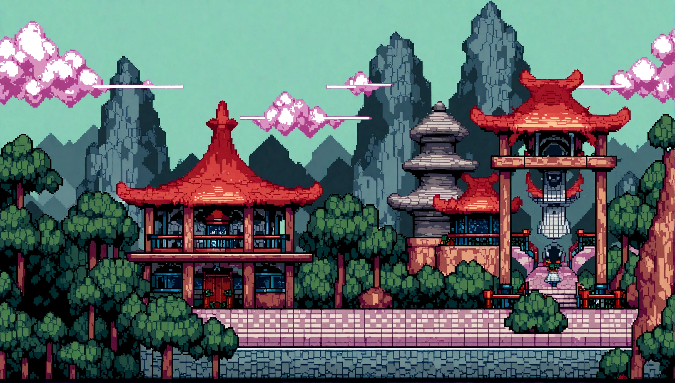 pixel art tourism destination landscape. natta. 3D pixel art wallpaper 4K. Amazing pixel art detail. pixel art. vapor waves. Detailed pixel art of Unreal Engine forest adventure