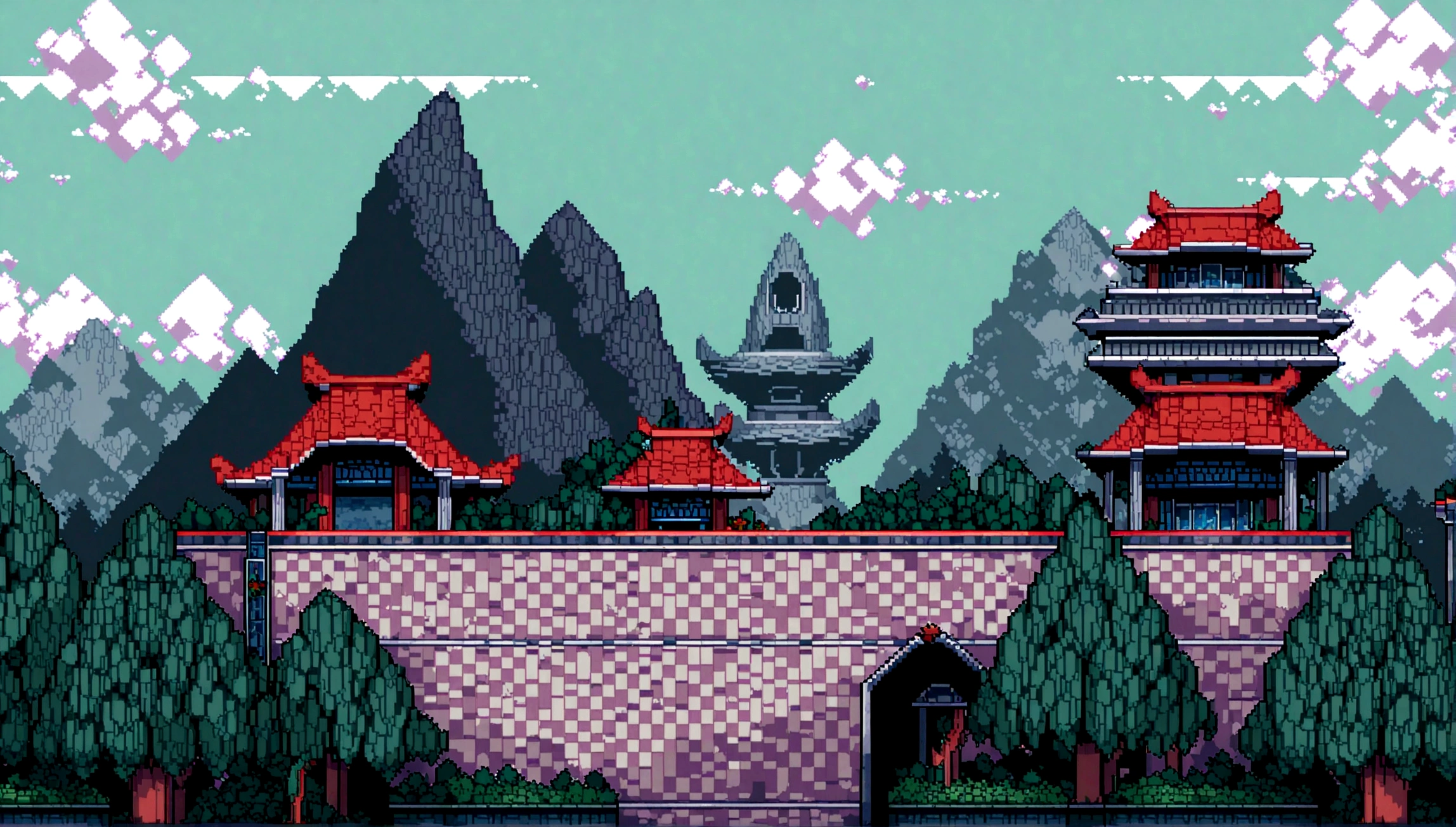 pixel art tourism destination landscape. natta. 3D pixel art wallpaper 4K. Amazing pixel art detail. pixel art. vapor waves. Detailed pixel art of Unreal Engine forest adventure