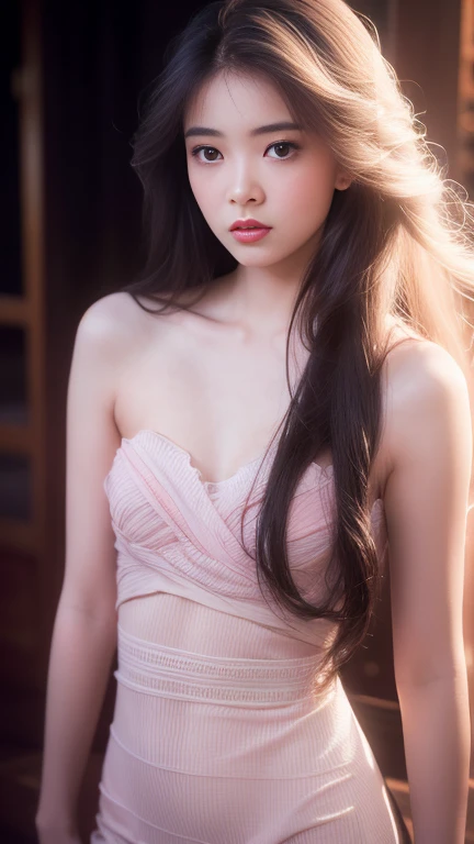 a beautiful young woman with small breasts, delicate facial features, rosy blush on cheeks, serene expression, long flowing hair, intricate hairstyle, elegant pose, ethereal atmosphere, pastel colors, natural lighting, soft focus, digital art, highly detailed, photorealistic, award winning, cinematic composition