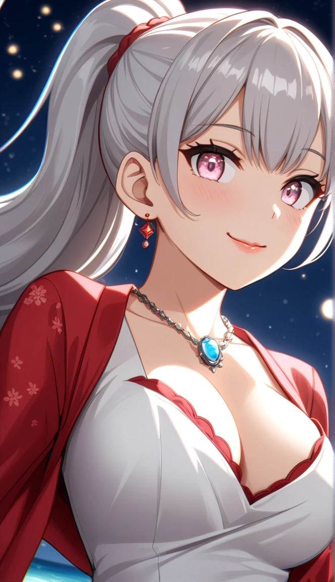 ((one personの女性)), Pretty Face,((Smile)),((Blink:1.9)),((Touch lips)), 口を大きく開けてSmile,((Bright red cheeks:1.4)),Shiny red lips,night,roof,You can see the ocean, Fireworks,口を開けてSmile,Glossy pink lips,Facial lighting,((Anime style background)),masterpiece, best quality, so beautiful,up-to-date, complicated details, (Long pink nails),(ring),(bracelet),(Necklace),Artificial Intelligence Generation, complicated,high resolution, best quality, Ultra-high quality,3D Graphics、3D Graphics,one person,Long white hair,High Ponytail,(pale colored eyes),动漫Women摆姿势拍照, ((Fine particles、Silver colored eyes、Shining eyes:1.4)),(Squint your eyes:1.1),a hyperPractical , hyperPractical , Practical,Long white hairのアニメ女性, Smooth anime CG art, Women, (Black furisode sleeves),big floral earrings,Mature body,(Large :1.1),expensive,Abdominal muscles,Tight waist,(Zoom in to face:1.7),Shooting from below