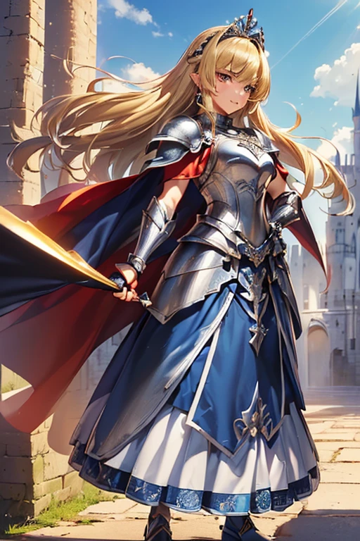 #Basics A girl is posing for a photo, animeのかわいい女の子, (((One Girl, Baby Face, Young girl, 16 years old))), 
BREAK 

#Clothing Accessories 
((Silver and Blue)Quinceañera(Long skirt dress)Armor of:1.6) + (Red gemstone embedded(Silver and Blue)Breastplate:1.6), (Black Gauntlet:1.6), (Red cape with shoulder pads:1.6), (Silver and Blue)Combat Boots:1.4),  
((Luxury Silver Bracelets, large silver necklace, Silver Tiara)), 
BREAK 

#Features 
(((Blonde:1.6)), Bangs that expose the forehead:1.4, Chest-length sideburns:1.4 + Curly hair:1.4, (Long Hair : Long Hair + Curly Hair + Curled up + Plump and voluminous + very thick hair + Large black ribbon)), 
(Droopy eyes,blue eyes), (Small breasts), 
BREAK 

#expression 
(smile), 
#background environment 
((noon, Sunshine + Castles in a fantasy world:1.4)), 
#composition 
((To the camera:1.4, Dynamic Pose:1.4, head shot:1.4)), 
BREAK 

#Body parts elements 
(Detailed hair, Beautiful Hair, Shiny Hair), 
(double eyelid, Long eyelashes), 
(Expression of fine eyes, Beautiful and delicate eyes, Sparkling eyes, Eye Reflexes), 
(Human Ear), 
(Beautiful Nose, Thin Nose), 
(Glossy lips, Beautiful Lips, Thick lips), (Symmetrical facial features), 
(Detailed skin, Textured skin, Beautiful Skin), 
BREAK 

#Quality 
(((Highest quality)), ((masterpiece)), ((Very detailed))), ((High resolution), (16K,1080P)), 
(Realistic), (Anatomically correct), 
((comics, anime)), (3DCG), CG illustration,
