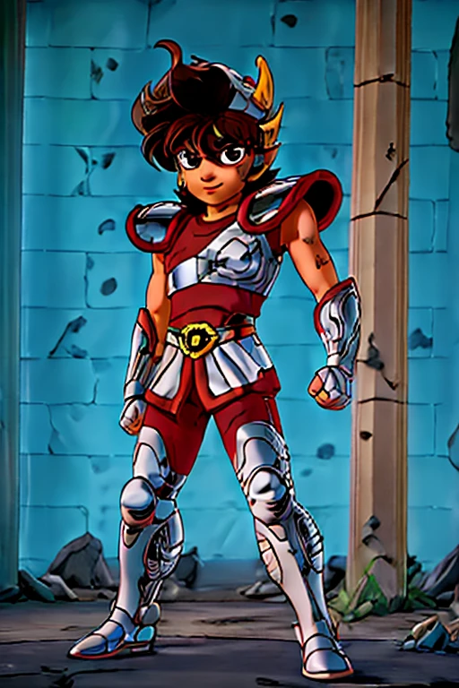 estilo shingoaraki-smf, knights of the zodiac, saint seiya, 1 young boy, messy brown hair, expression of determination on her face,  pegasus seiya , bandages, bloodstains, Ranni, pegasus armor, broken armor, rock ruins background, battle stance, kosmos, energy stars, blue aura