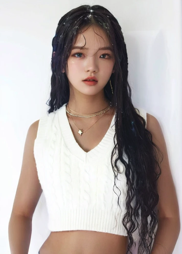 An image of a young and handsome boy with light blue hair gazing up at the starry night sky during winter, with shooting stars streaking across the heavens , blackpink jennie , blackpink Lisa , asian famale face , cute girl , Korean famale