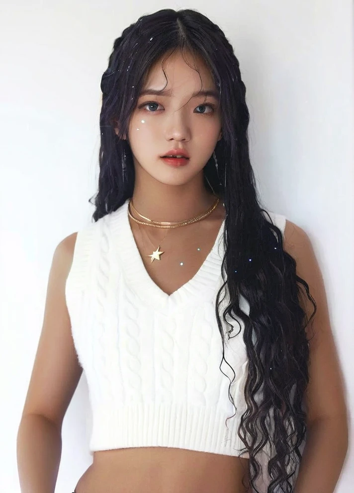 An image of a young and handsome boy with light blue hair gazing up at the starry night sky during winter, with shooting stars streaking across the heavens , blackpink jennie , blackpink Lisa , asian famale face , cute girl , Korean famale