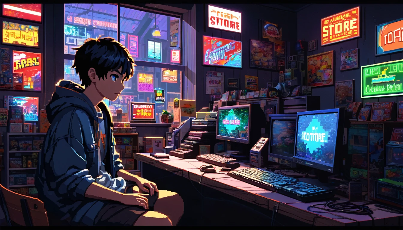 a boy working hard at store until late night, detailed boy with expressive face, focused expression, worn casual clothes, dark room interior, neon store signs, glowing computer screens, landscape through window, pixel art style, 8k, high quality, photorealistic, hdr, chiaroscuro lighting, dramatic shadows