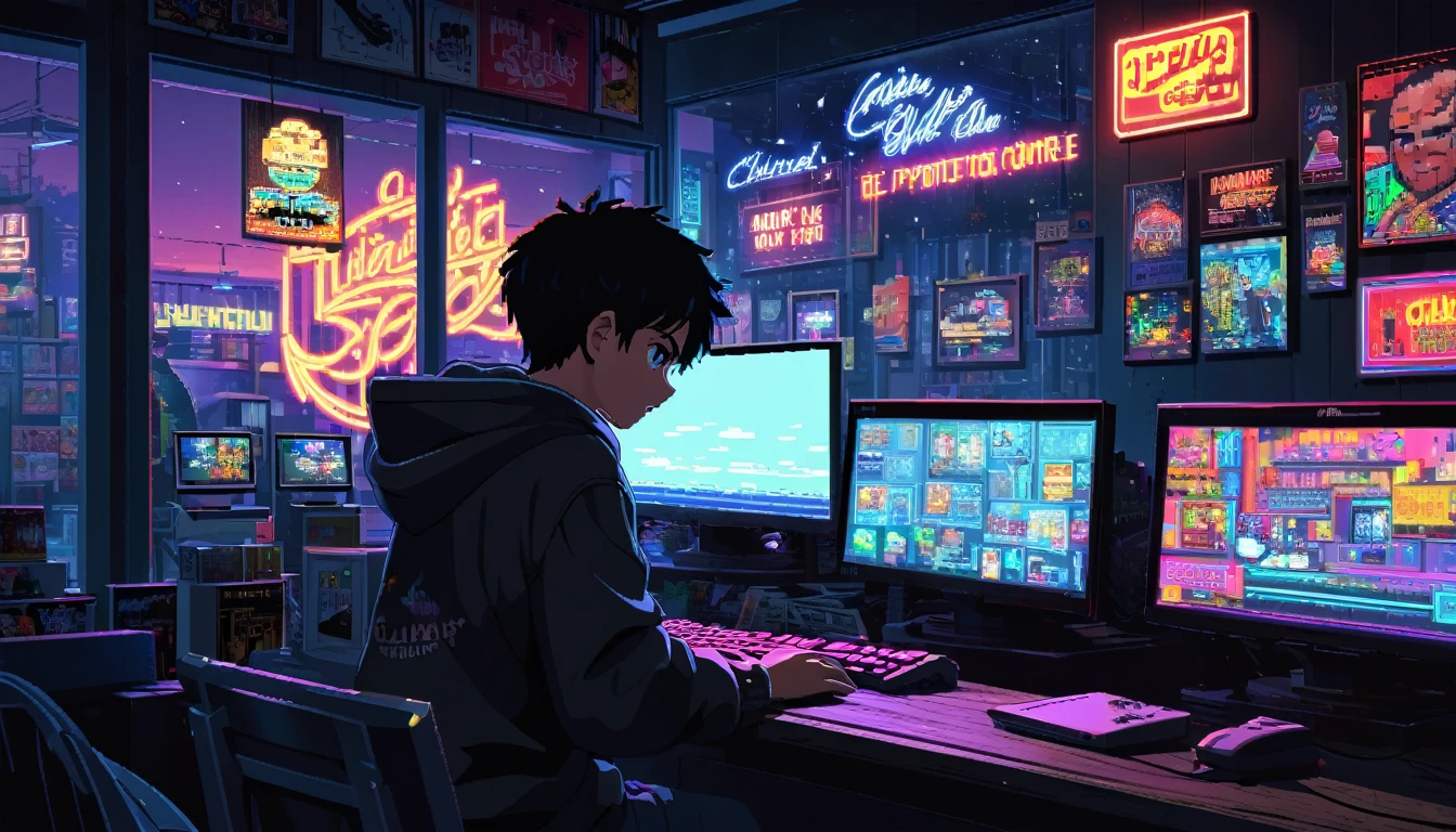 a boy working hard at store until late night, detailed boy with expressive face, focused expression, worn casual clothes, dark room interior, neon store signs, glowing computer screens, landscape through window, pixel art style, 8k, high quality, photorealistic, hdr, chiaroscuro lighting, dramatic shadows