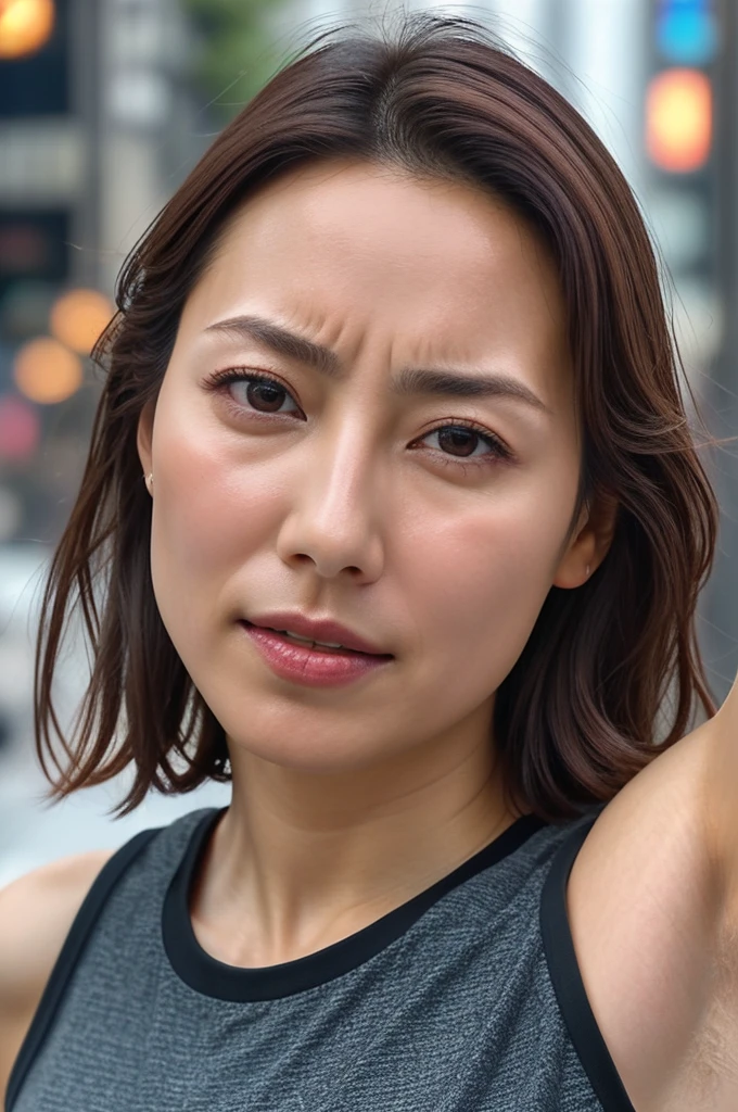 Beautiful Japanese actresses,1 Girl,flying debris,,Award-winning photo, Very detailed, Focus your eyes, Nose and mouth,Face Focus, Extreme close up of face、 Age 35,Brown Hair、Symmetrical face,Realistic nostrils、Angle from below、Elongated C-shaped nostrils,(Sharp Nose)Sweaty skin、Shiny skin,(Brow wrinkles))（Cum on tongue)、((Thin eyebrows))Oily skin、Glowing Skin、double eyelid、、Beautiful woman、Medium Hair、Shortcuts、Tank top,I can see the sky、Shibuya Center Street、(((Show your side,throw))),Please raise your eyebrows, (((Hold your mouth, Frowning, crazy, Frowning))), Textured skin,Long upper arms,((Cry with your eyes open, blush, Drunk, The face of patience))Squat,Large Breasts,((Always keep your arms up and your armpits exposed))Long arms,Frowningをする,Smell, Irritation, sad, sleepy, Frowning, The face of endurance,((peeing,))