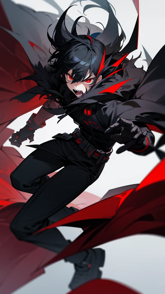 Create a 16 year old boy ,black fur,Red eyes,is angry,black and futuristic clothing