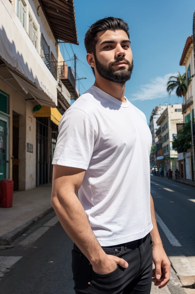 A handsome 20 year old boy, with a full black beard, medium hair, stylish straight hair, hair combed to the side, white t-shirt, black jeans, standing, in the background the city of Rio de Janeiro, blue sky during the day