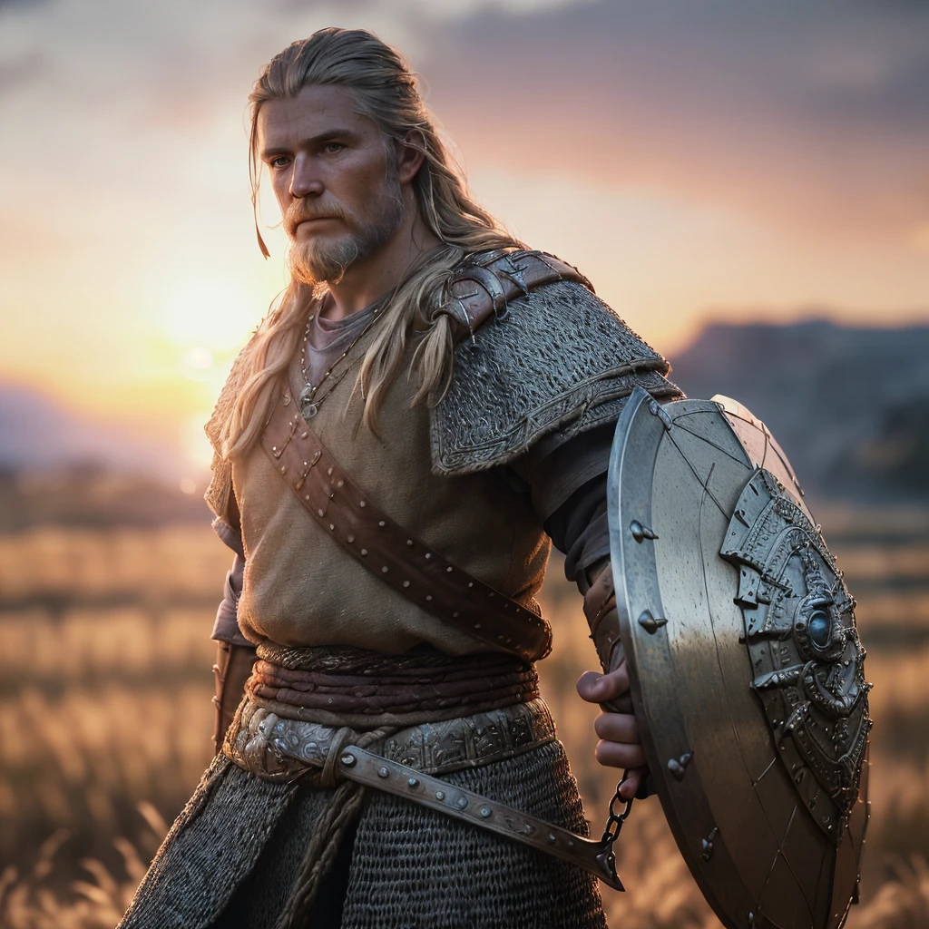 (masterpiece), (extremely intricate:1.3), (realistic), portrait of a viking man, (medieval clouthing), upper body, outdoors, intense sunlight, far away castle, professional photograph, viking warrior, with a shield with metalic reflection, detailed, sharp focus, dramatic, award winning, cinematic lighting, octane render  unreal engine,  volumetrics dtx, (film grain, blurry background, blurry foreground, bokeh, depth of field, sunset, motion blur:1.3), chainmail