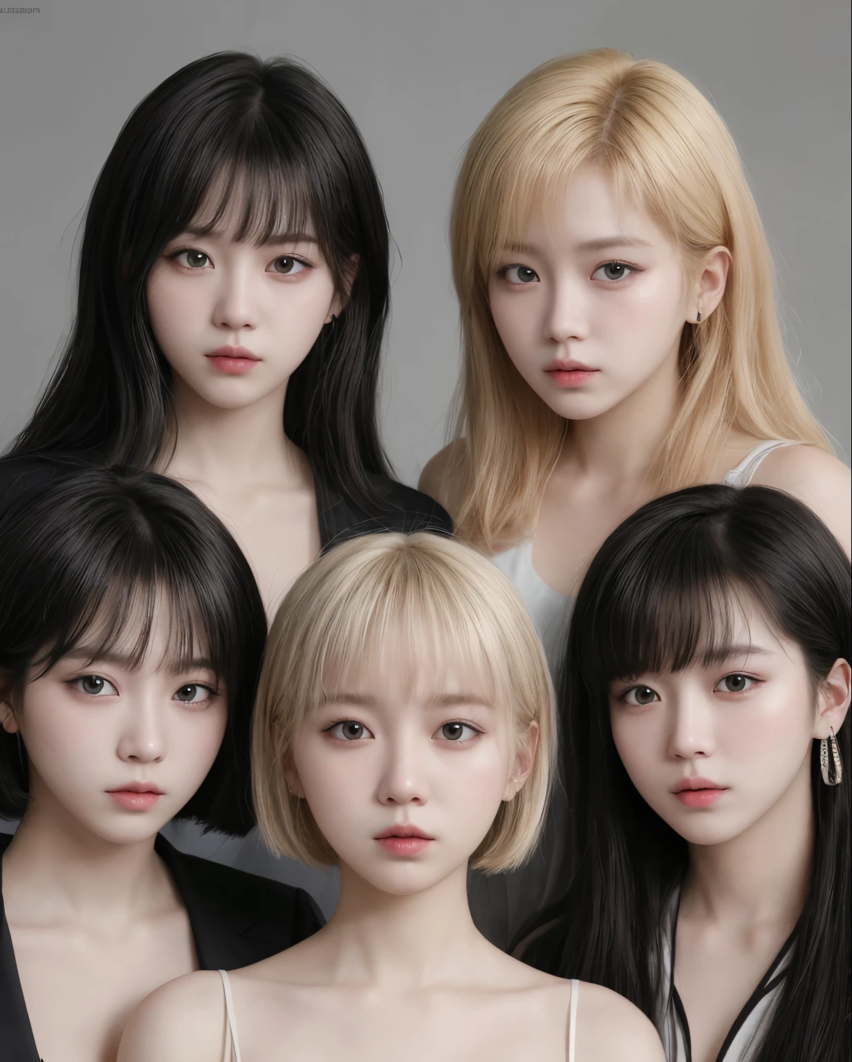 (masterpiece, absurdres, highres, ultra detailed), make an photoshoot inspired by the image embed for a kpop girgroup with 5 real members, one of them have bob haircut. the style theme is y2k, retro, fun. Their outfit should be combining elements of retro and street style.  [realistic] [4k] [no disabled] detailed eyes and face, different face. the background is white.