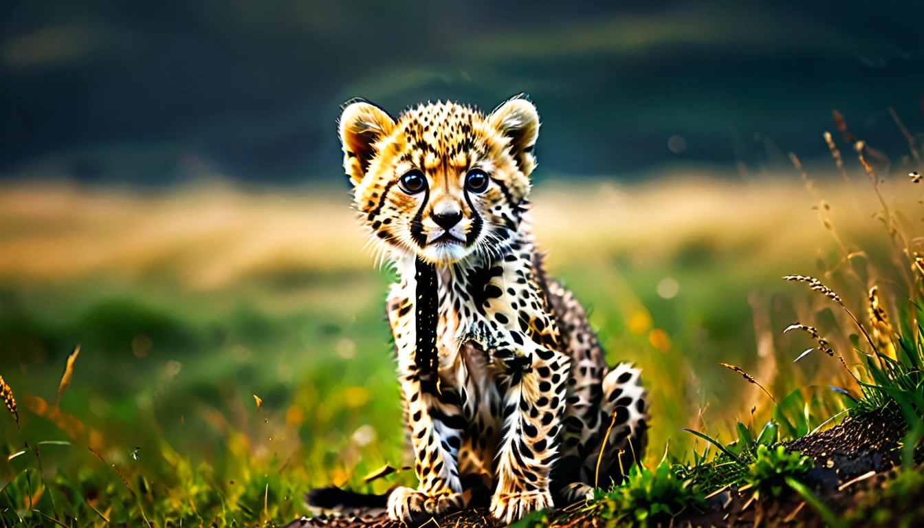 Cheetah cub on the grassland, panoramic, cinematic still, emotional, vignette, dynamic pose, vivid, (masterpiece, best quality, Professional, perfect composition, very aesthetic, absurdres, ultra-detailed, intricate details:1.3)