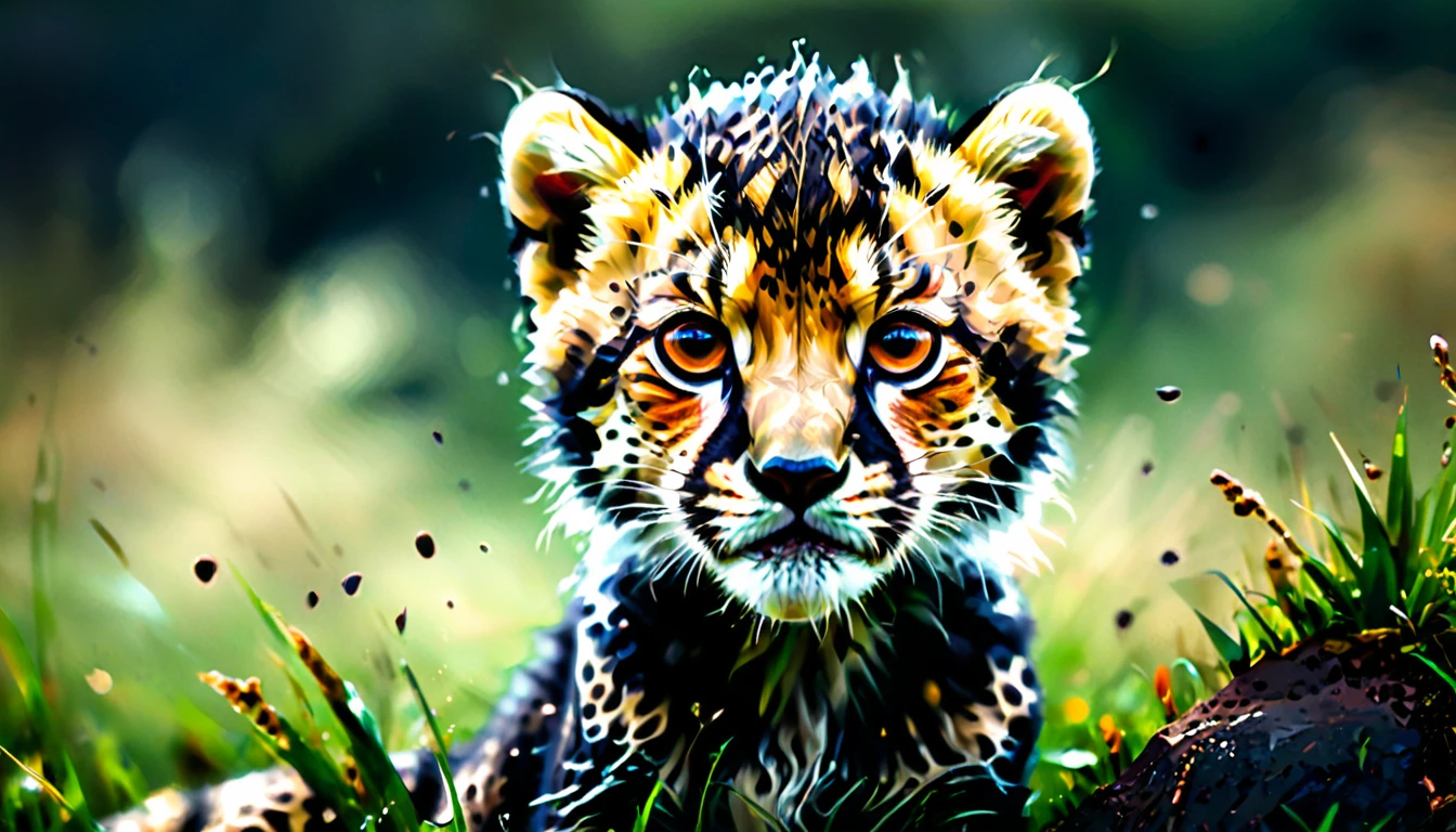 Cheetah cub on the grassland, panoramic, cinematic still, emotional, vignette, dynamic pose, vivid, (masterpiece, best quality, Professional, perfect composition, very aesthetic, absurdres, ultra-detailed, intricate details:1.3)