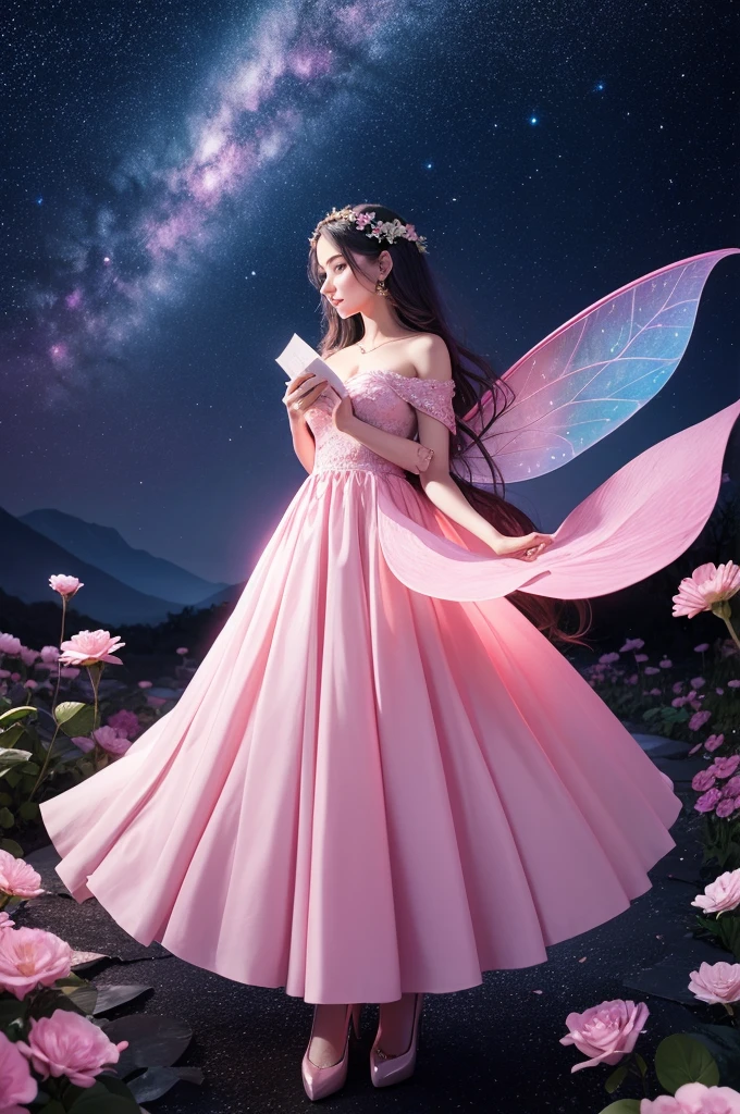 A great and beautiful covenant on a great heart of pink petals, on a beautiful nightA beautiful fairy, holding a large envelope, on a beautiful, starry night