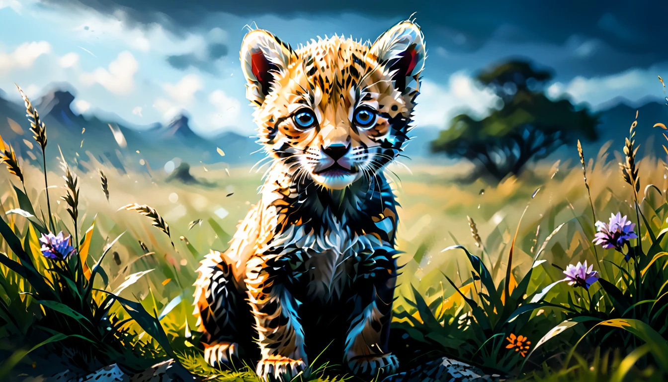 Cheetah cub on the grassland, panoramic, cinematic still, emotional, vignette, dynamic pose, vivid, (masterpiece, best quality, Professional, perfect composition, very aesthetic, absurdres, ultra-detailed, intricate details:1.3)