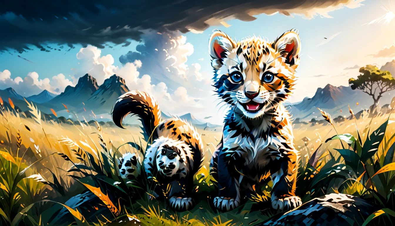 Cheetah cub on the grassland, panoramic, cinematic still, emotional, vignette, dynamic pose, vivid, (masterpiece, best quality, Professional, perfect composition, very aesthetic, absurdres, ultra-detailed, intricate details:1.3)