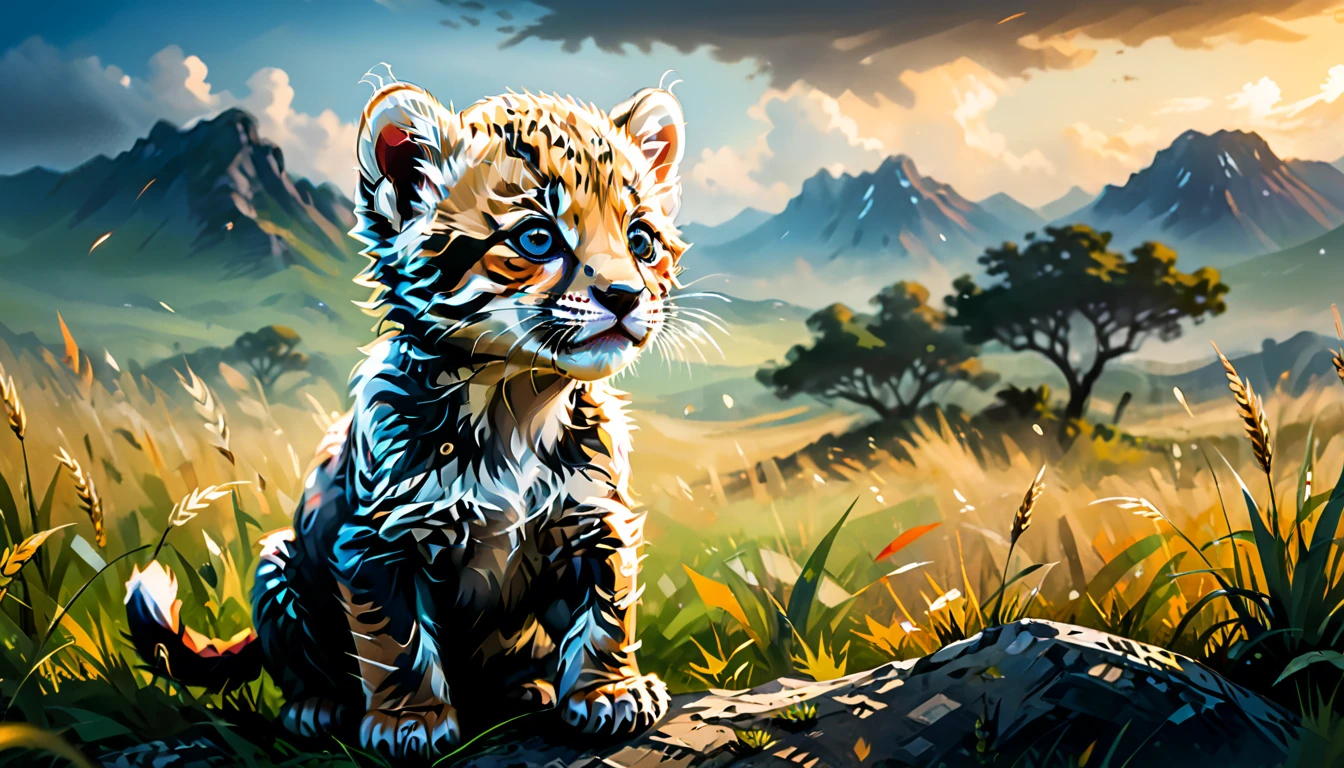 Cheetah cub on the grassland, panoramic, cinematic still, emotional, vignette, dynamic pose, vivid, (masterpiece, best quality, Professional, perfect composition, very aesthetic, absurdres, ultra-detailed, intricate details:1.3)