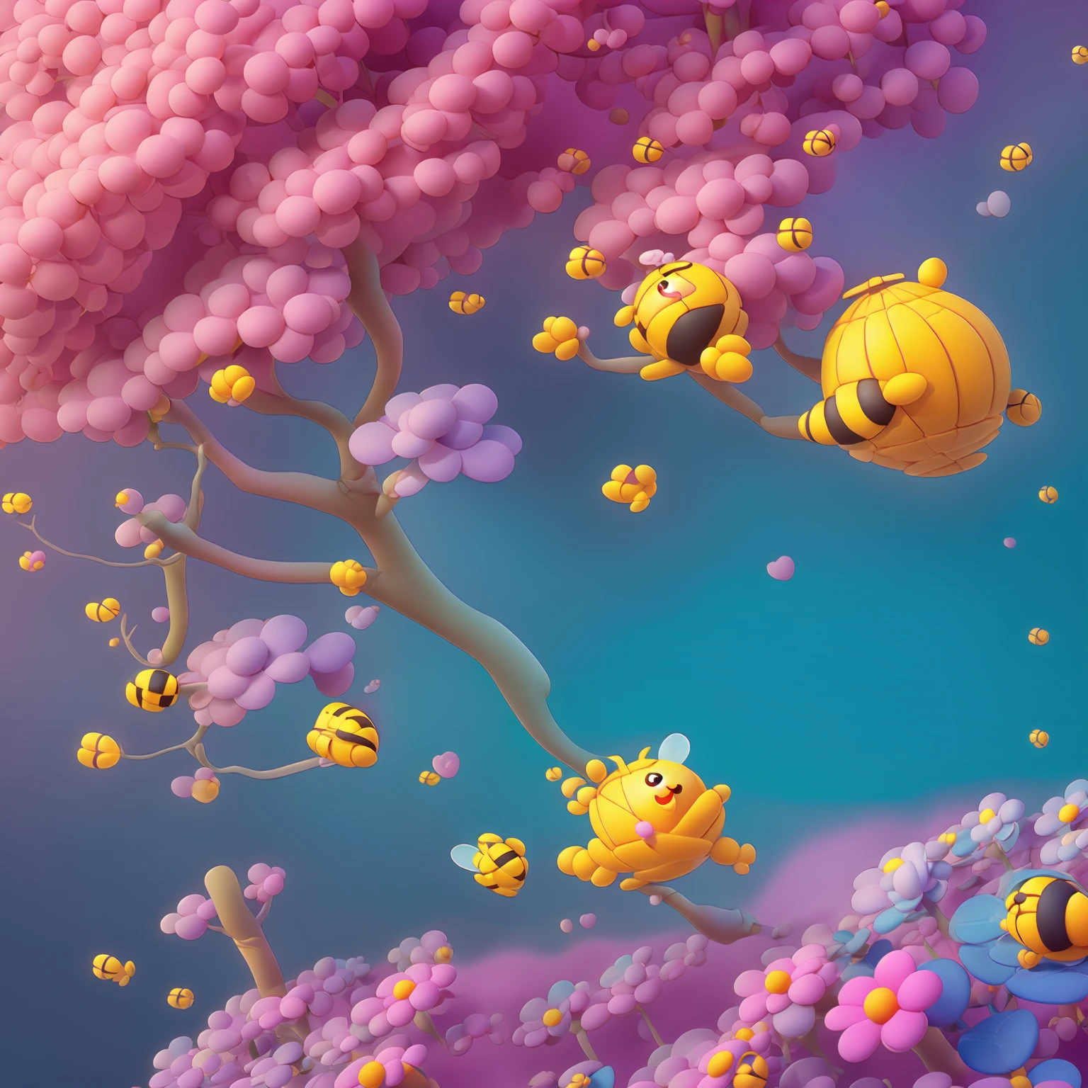 there is one bee (one bee) flying over a field of flowers, a 3D render by jeonseok lee, trending on polycount, conceptual art, cute 3 d render, soft 3d render, cute! c4d, stylized as a 3d render, stylized 3d render, adorable digital painting, cute detailed digital art, 3d icon