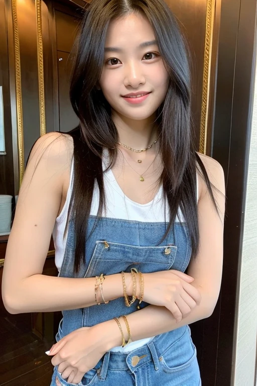 ((best quality)), ((masterpiece)), (detailed), 1girl, beautiful straight black long hair ,beautiful smile , sexy pose ,standing position , white Singlet , short blue jeans , luxury golden necklace ,luxury bracelets , full body picture , beautiful thighs