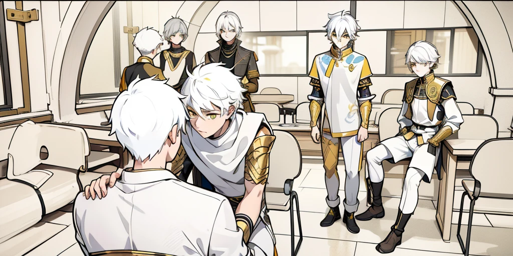 There is a boy sitting with his back turned and several young men in front of him intimidate. They only have white hair and yellow eyes, black tunics, golden armor, black with yellow golden jewelry.