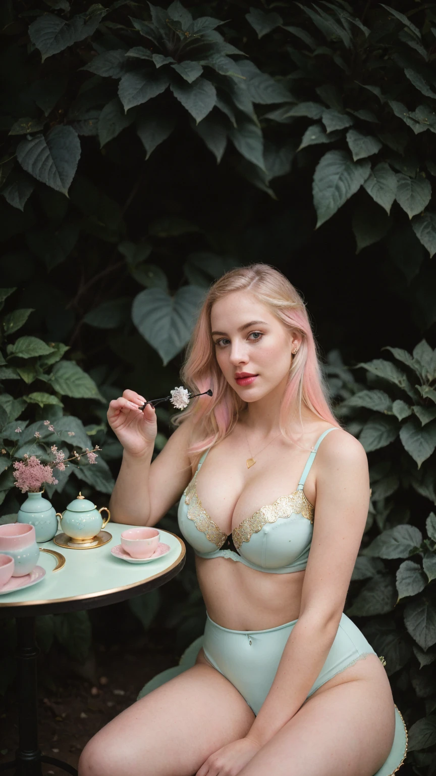 "Fine art photograph of a blonde curvy girl (very busty, very pale skin(porcelain skin), bright eyes, bold pinklips. she is surrounded by lush plants(that frame the picture), pout face expression, looking at the viewer. (She is wearing a lingerie(with small heart-patterns, and gold lacings):1.120). Our model girl is seated at a vintage tea table set amidst a botanical-garden filled with lush, verdant plants and flowers. (with one hand delicately taking the tea, while the other rests on her hip)-adding a sense of movement and life to the scene. Soft natural light, that casting dappled shadows on her delicate features. ((The color scheme features(pastel blue, pastel green, pastel pink hues, accents in black)-colors theme)))-adding a surreal touch to the Lovecraftian, Sad atmosphere, oppressive atmosphere, (backlighting), (depressive colors), faded film, desaturated colors, 70mm photo, grainy, vignette, vintage, Kodachrome, Lomography, stained, highly detailed, found footage, Horror movie effects. vignette, high budget, bokeh, epic, Inspiration from the writings of H.P. Lovecraft. ((CLOSE UP SHOT)), 8. Camera Angle: Three-quarters front view, straight-on to capture the model's full face and upper body
