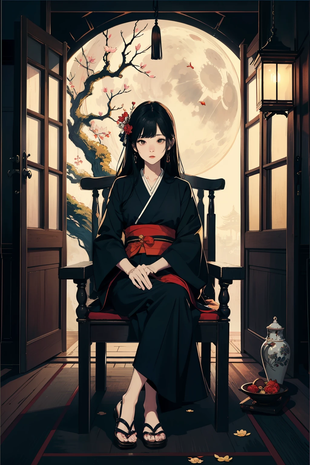 ((최고의 품질)), ((걸작)), (상세한), 여자 1명, Smoking a long oriental pipe, Long black hair down to the buttocks, Oriental and mysterious atmosphere, Lotus, dreamy atmosphere, dark oriental building background, stylish oriental dresses, Detailed facial description, Perfect ultra-high resolution, Black kimono with very long sleeves, Sitting back on a large oriental chair, Paper gate background illuminated by moonlight
