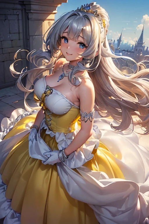 #Basics A girl is posing for a photo, animeのかわいい女の子, (((One Girl, Baby Face, Young girl, ))),
BREAK
#Clothing Accessories
((Yellow and white)Quinceañera(Long skirt dress):1.6) + (Yellow and white)corset:1.6, (Sheer white elbow gloves:1.8, White high heels:1.4
((Luxury Silver Bracelets, large silver necklace, Silver Tiara)),
BREAK
#Features
(Sky blue hair:1.4, Bangs that expose the forehead:1.4, Chest-length sideburns:1.4 + Curly hair:1.4, (ponytail : Long Hair + Curly Hair + Curled up + Plump and voluminous + very thick hair + Large black ribbon)),
(Droopy eyes,blue eyes), (Small breasts),
BREAK
#expression
(smile, 嬉しそうなexpression),
#background environment
((noon, sunlight + Castles in a fantasy world:1.4, Walking)),
#composition
((To the camera:1.4, head shot:1.4)),
BREAK
#Body parts elements
(Detailed hair, Beautiful Hair, Shiny Hair),
(double eyelid, Long eyelashes),
(Expression of fine eyes, Beautiful and delicate eyes, Sparkling eyes, Eye Reflexes),
(Human Ear),
(Beautiful Nose, Thin Nose),
(Glossy lips, Beautiful Lips, Thick lips), (Symmetrical facial features),
(Detailed skin, Textured skin, Beautiful Skin),
BREAK
#Quality
(((Highest quality)), ((masterpiece)), ((Very detailed))), ((High resolution), (16K,1080P)),
(Realistic), (Anatomically correct),
((comics, anime)), (3DCG), CG illustration,