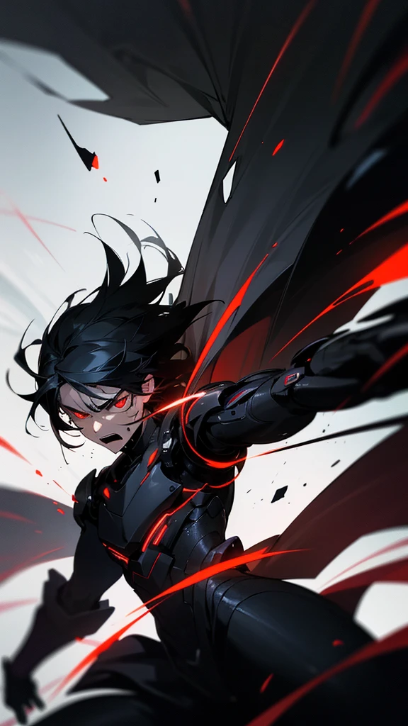 A 16-year-old boy with black hair, red eyes, angry expression, wearing futuristic black clothes, hyper-realistic, cinematic lighting, dramatic contrast, intense details, dark moody atmosphere, compelling storytelling