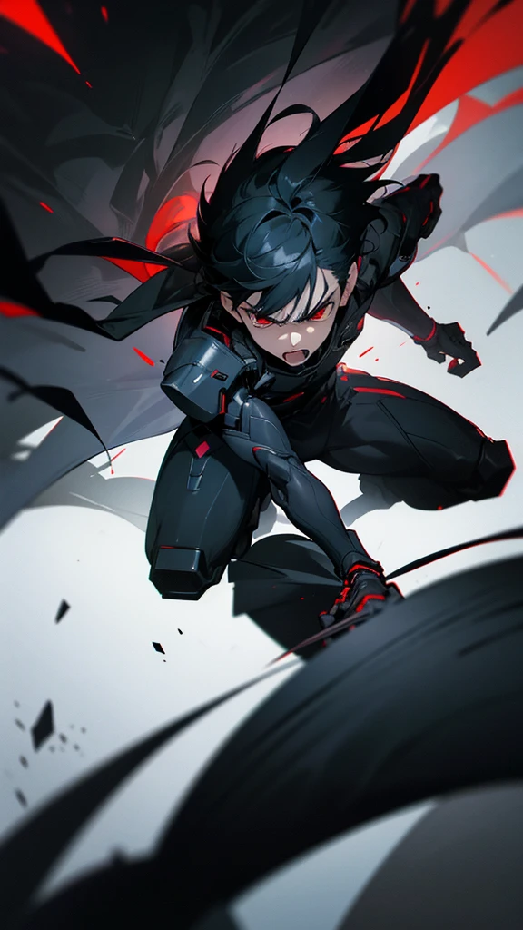 A -yeld boith black hair, red eyes, angry expression, wearing futuristic black clothes, hyper-realistic, cinematic lighting, dramatic contrast, intense details, dark moody atmosphere, compelling storytelling