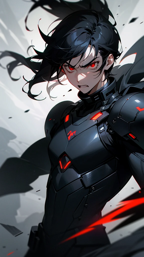 A 16-year-old boy with black hair, red eyes, angry expression, wearing futuristic black clothes, hyper-realistic, cinematic lighting, dramatic contrast, intense details, dark moody atmosphere, compelling storytelling