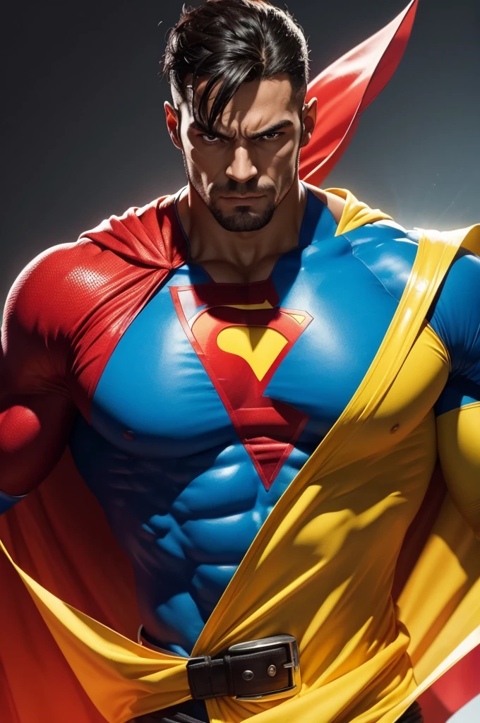 Create a super hero with the characteristics of French Guiana, with vibrant colors, and intimidating appearance