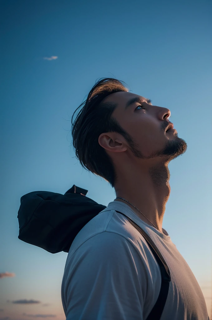 A man looking up at the sky,Carrying the screen,The sky should be painted with the atmosphere of the end of the world